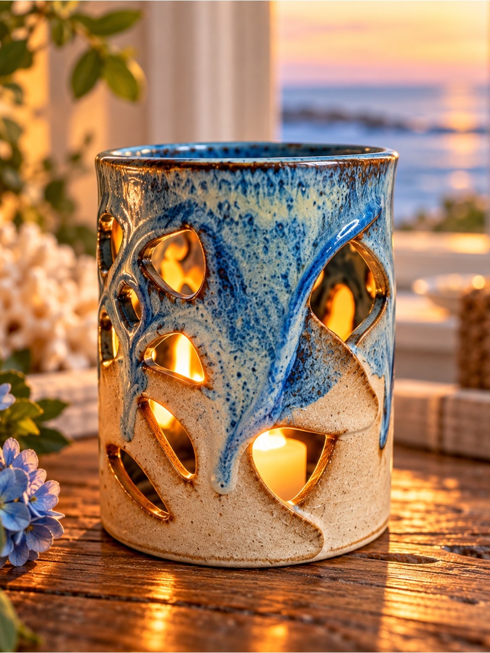 Vintage 1988 Bay Pottery Candle Holder Signed Stoneware Luminary Blue Drip Glaze